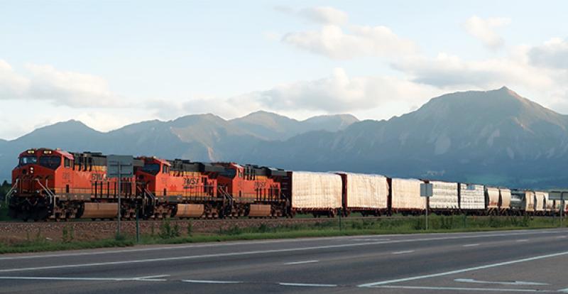 BNSF train on tracks by a highway in Colorado